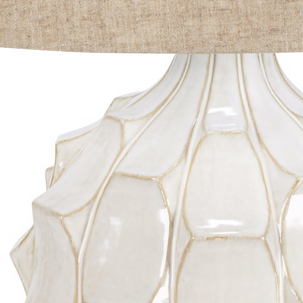 Possini Euro Design Cosgrove Modern Mid Century Table Lamp 26 1/2" High White Glazed Ceramic Light Brown Linen Drum Shade for Bedroom Living Room Home