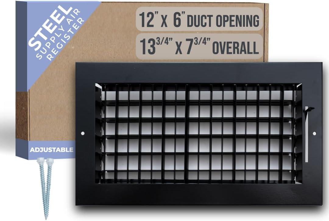 Black Steel Adjustable Air Supply Grille for 12x6 Duct Opening