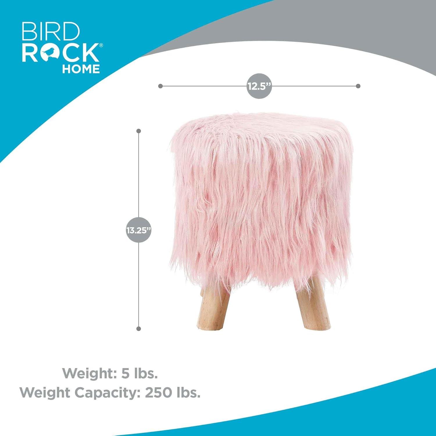 BirdRock Home Faux Fur Foot Stool Ottoman with Wood Legs - Pink