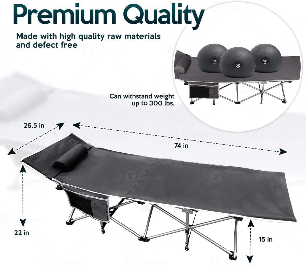 Zone Tech Folding Outdoor Travel Cot - 2 Pack Grey Portable Heavy Duty Adult and Kids Travel Cot with Large Pocket-Perfect for Hiking, Camping