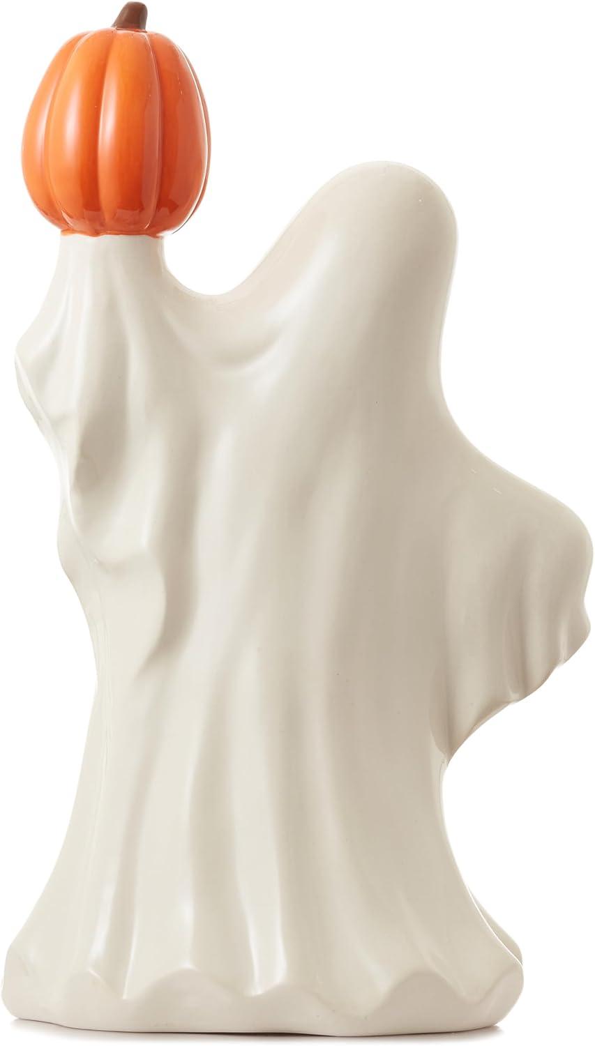 Pre-Lit Ceramic Halloween Ghost Holding Pumpkin Hand-Painted Decor