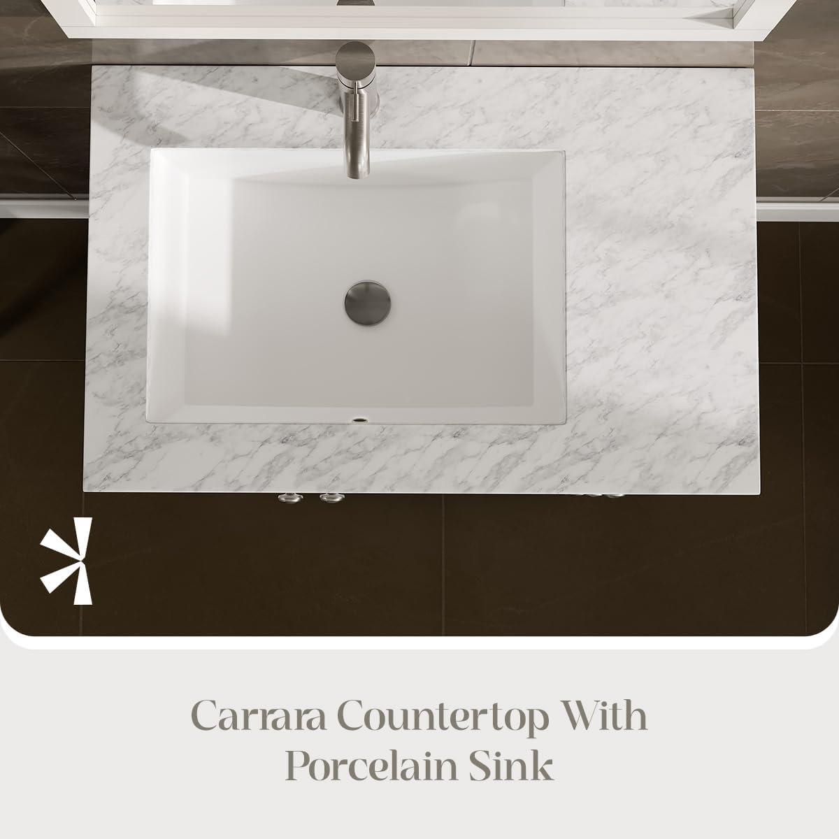 White 30" Bathroom Vanity with Carrara Quartz Countertop