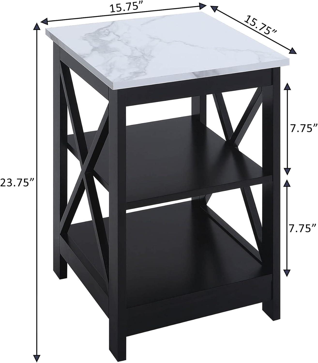 Convenience Concepts Oxford End Table with Shelves, White Faux Marble/Black