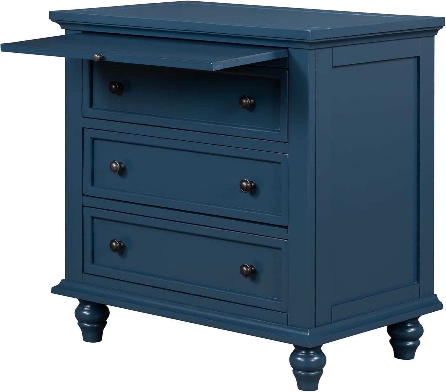 Blue Pine and Manufactured Wood 3-Drawer Nightstand with Pull-Out Tray