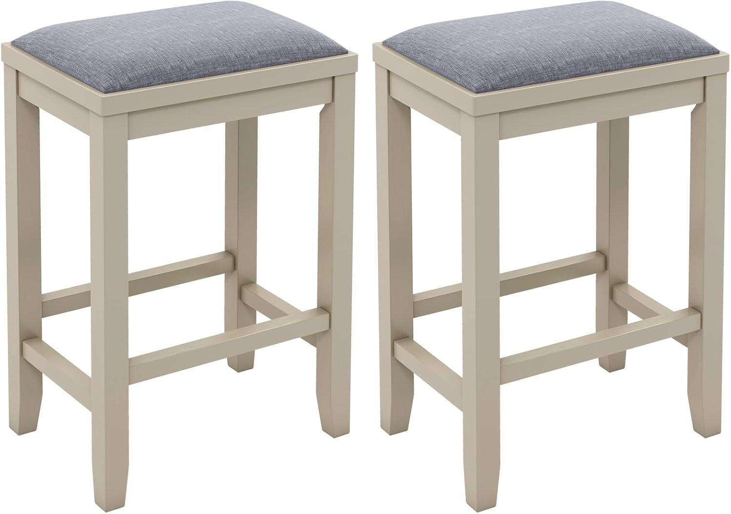 Costway Set of 2 Upholstered Bar Stools Wooden Counter Height Dining Chairs Griege