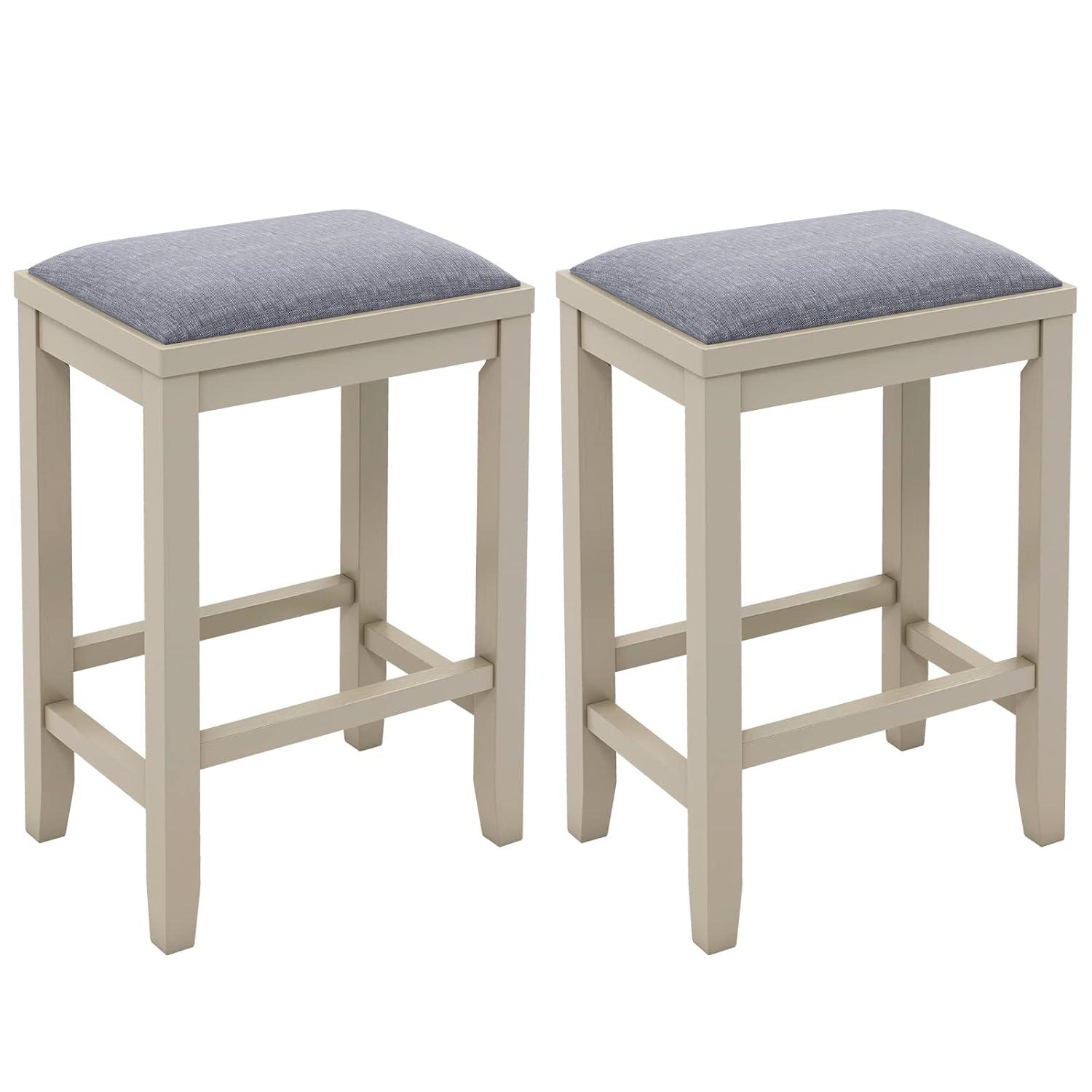 Costway Set of 2 Upholstered Bar Stools Wooden Counter Height Dining Chairs Griege