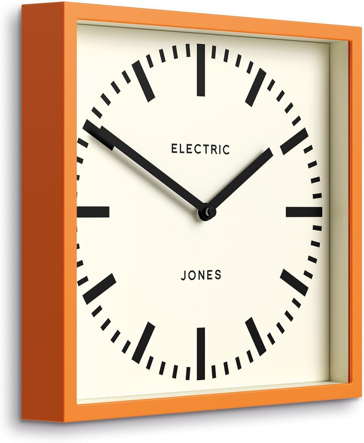 JONES CLOCKS® Box Railway Wall Clock | Square Station Clock | 10 inch | Cool Designer Look for Kitchen, Living Room or Office (Orange)