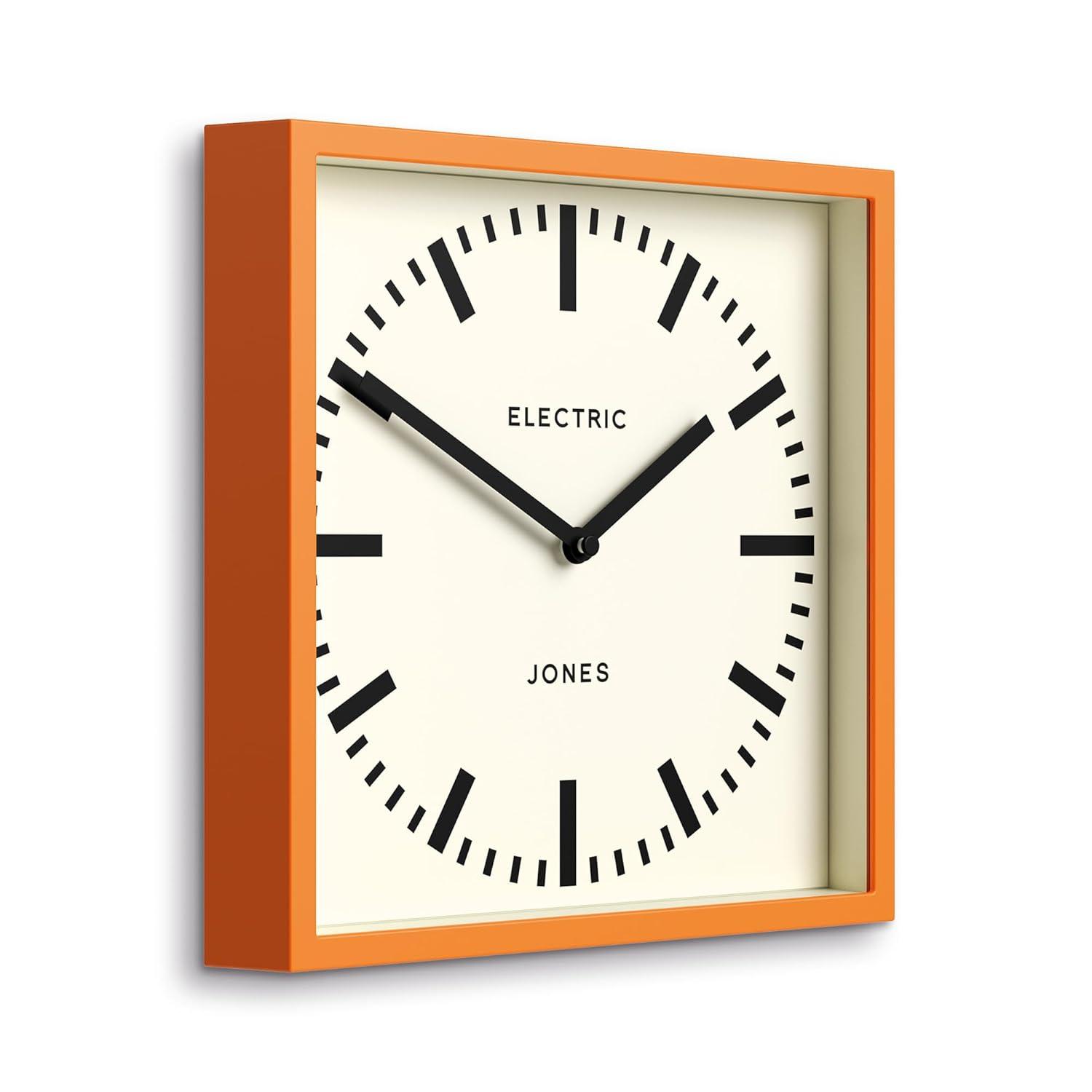 JONES CLOCKS® Box Railway Wall Clock | Square Station Clock | 10 inch | Cool Designer Look for Kitchen, Living Room or Office (Orange)