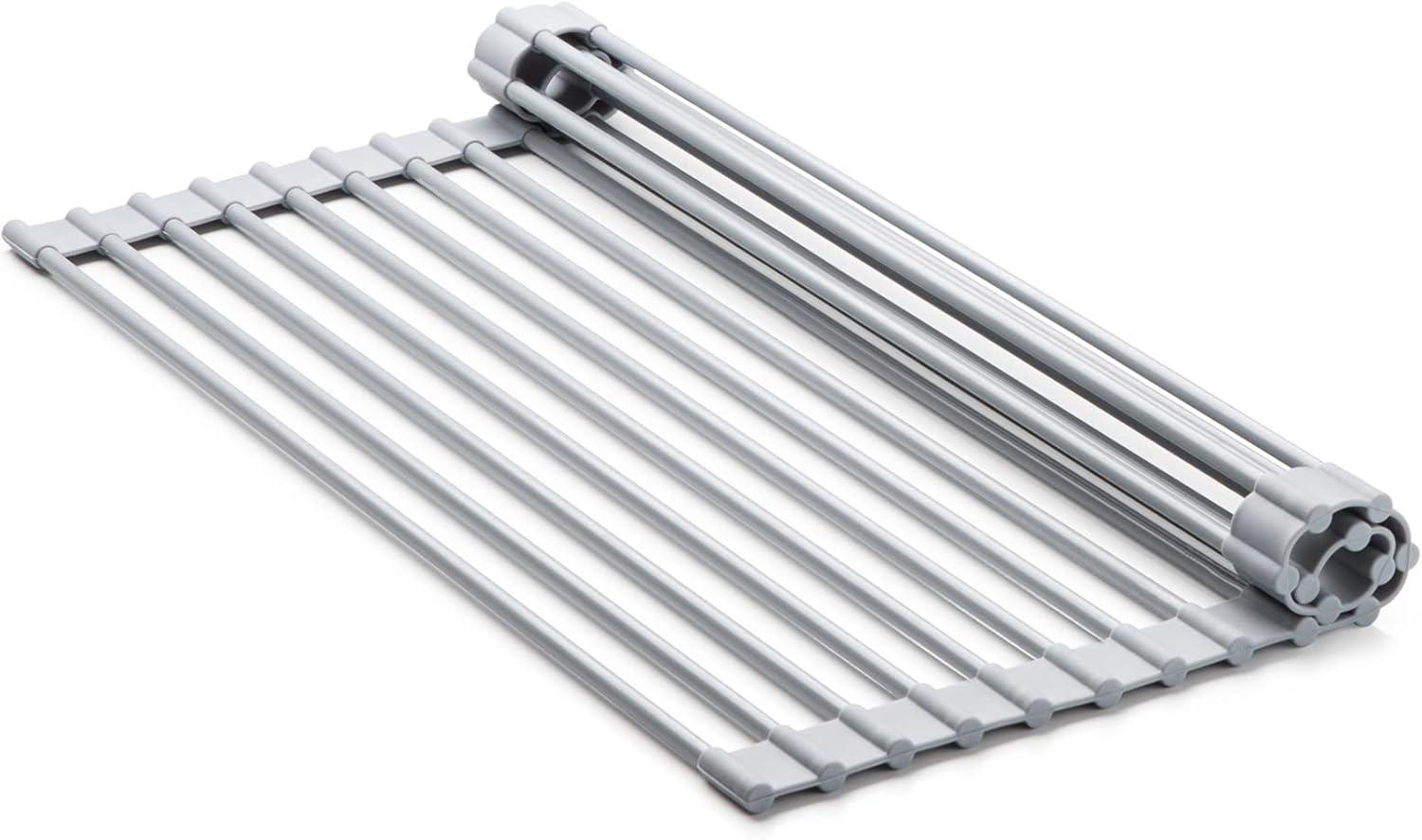 White and Stainless Steel Roll-Up Over-Sink Dish Drying Rack