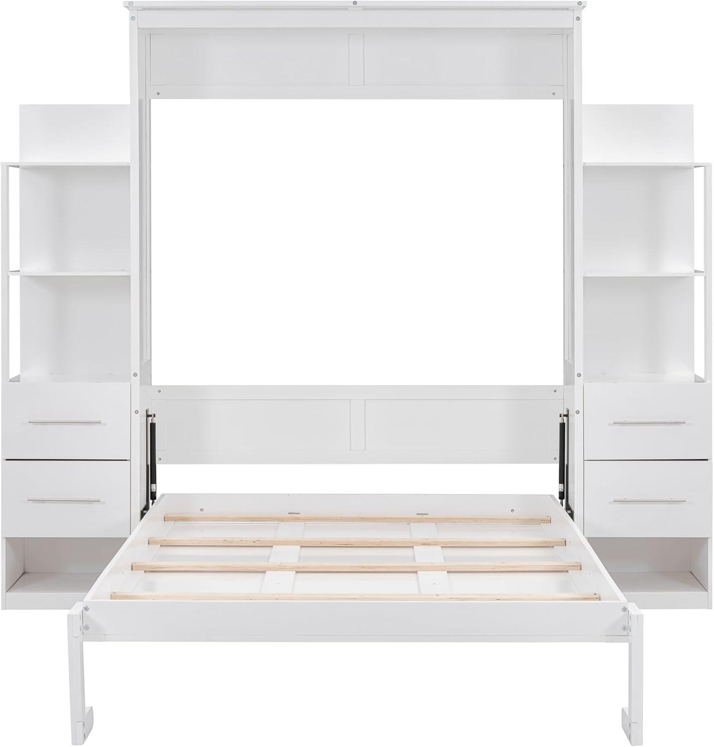 White Full Size Murphy Bed with Storage Shelves and Drawers