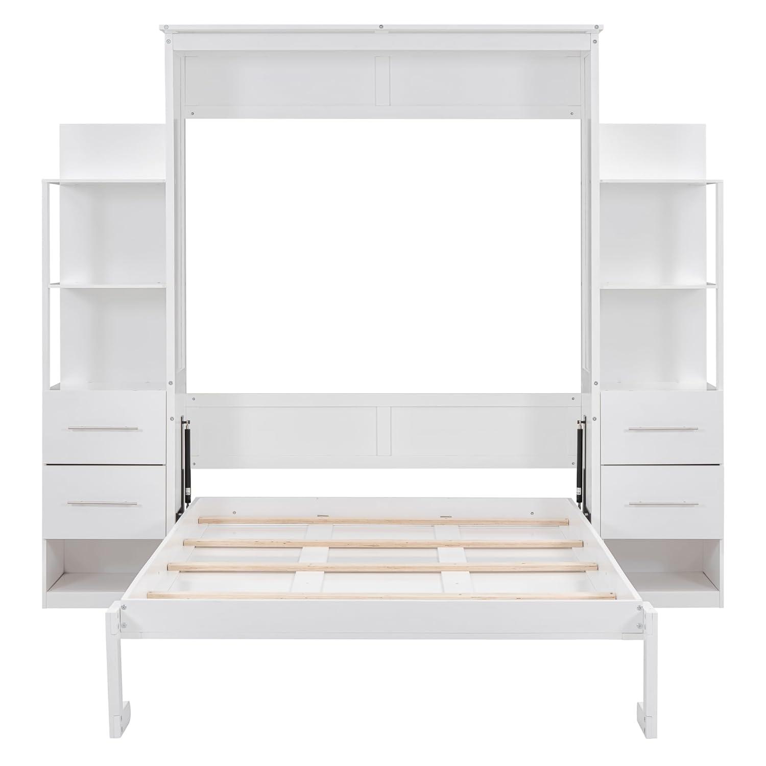 Harper & Bright Designs Full Size Murphy Bed Wall Bed with Storage Shelves, Drawers and LED Lights, Space-Saving for Multipurpose Guest Room or Home Office, White