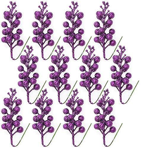 Glitter Berry Stems, 12pcs Christmas Berry Picks Artificial Fruit Berry Stem Branch Christmas Tree Garland Decorations for Holiday Party Purple