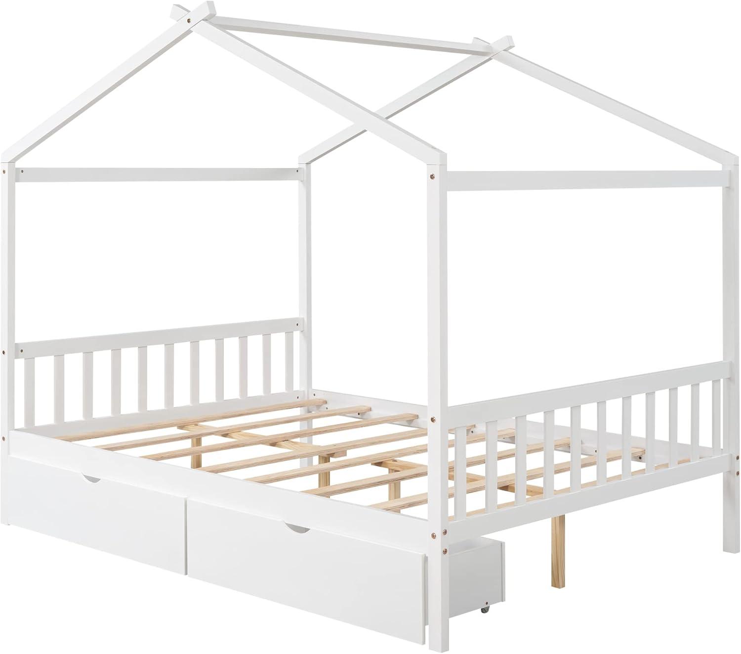 Kumix Platform Bed with Two Drawers, Wooden House Platform Bed Full Size with Headboard and Footboard, Roof Design for Kids Teens Boys and Girls, Noise-Free, No Box Spring Needed, White