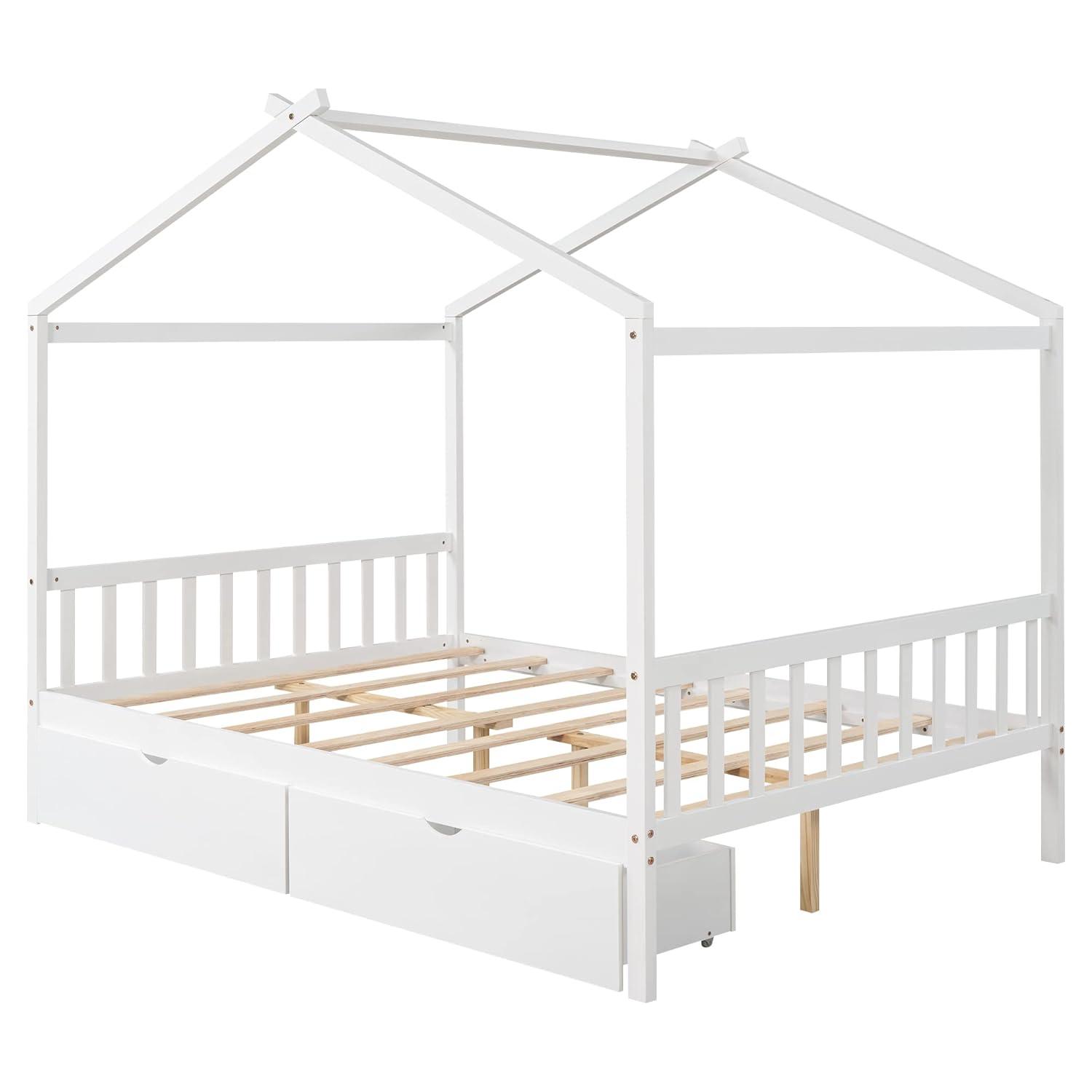 Kumix Platform Bed with Two Drawers, Wooden House Platform Bed Full Size with Headboard and Footboard, Roof Design for Kids Teens Boys and Girls, Noise-Free, No Box Spring Needed, White