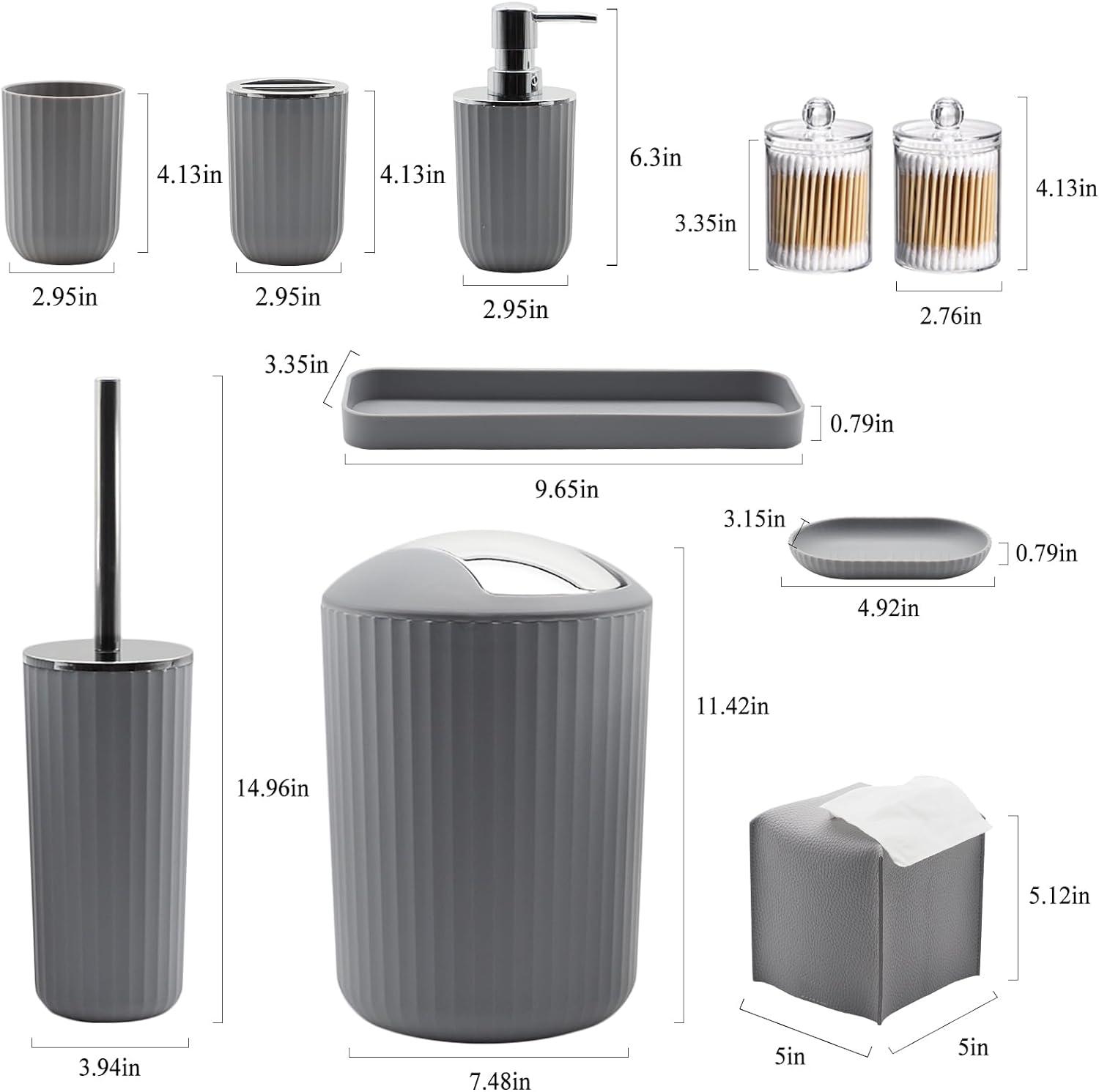 Bathroom Accessory Set - 10 Piece Grey Bathroom Accessories Set with Trash Can, Toothbrush Holder and Cup, Soap Dispenser, Soap Dish, Toilet Brush Holder, Vanity Tray, Qtip Holder, Tissue Box Cover