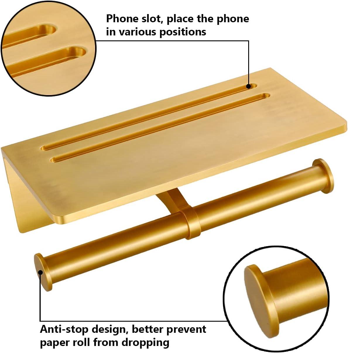 Brushed Gold Aluminum Double Toilet Paper Holder with Shelf