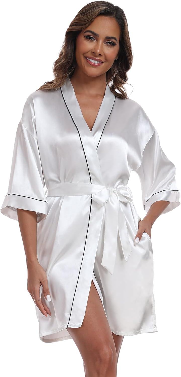 ZZwxWA Batas de Seda para Mujer con Cinturón Dama de Honor Fiesta de Boda Bata de Baño de Kimono Satinado Camisón de Media Manga Ropa de Dormir