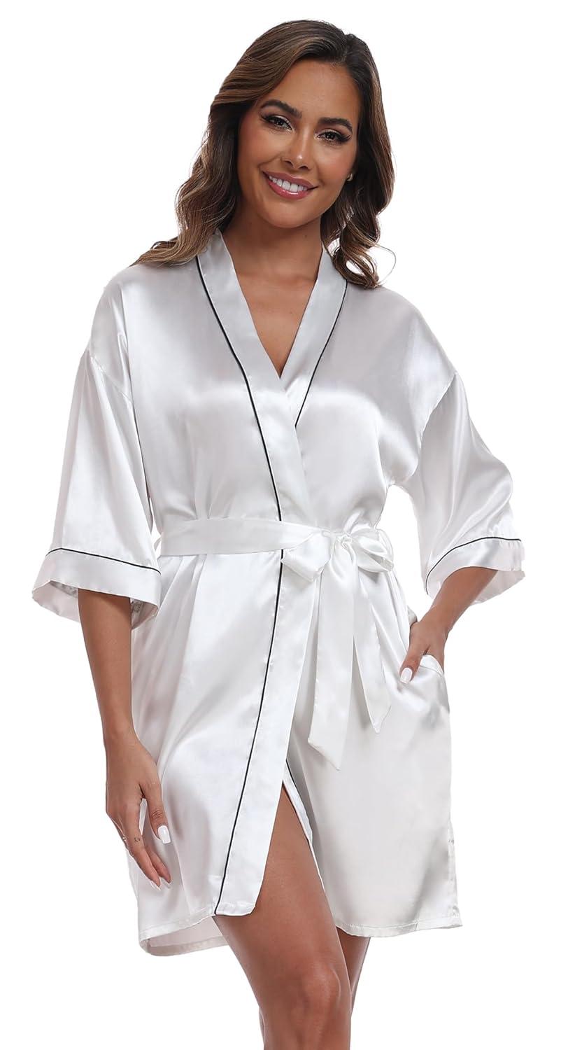 ZZwxWA Batas de Seda para Mujer con Cinturón Dama de Honor Fiesta de Boda Bata de Baño de Kimono Satinado Camisón de Media Manga Ropa de Dormir