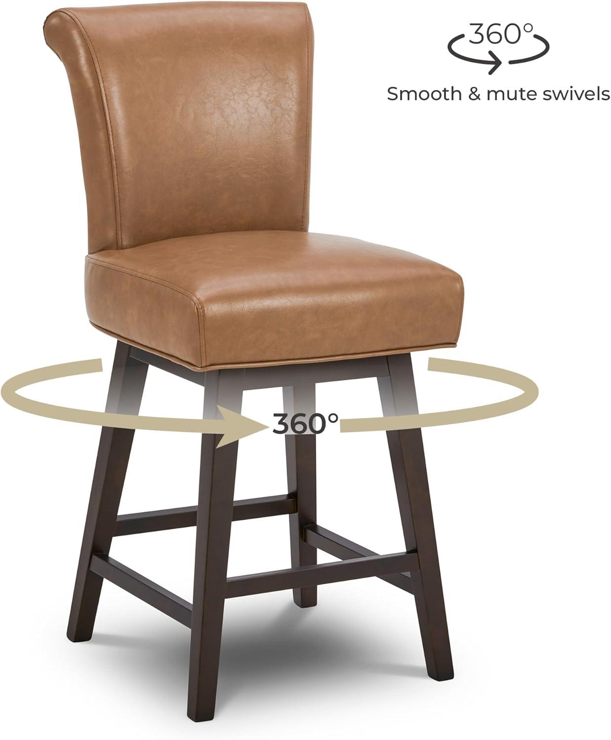 Saddle Brown Faux Leather Swivel Counter Stools with Wood Legs, Set of 2