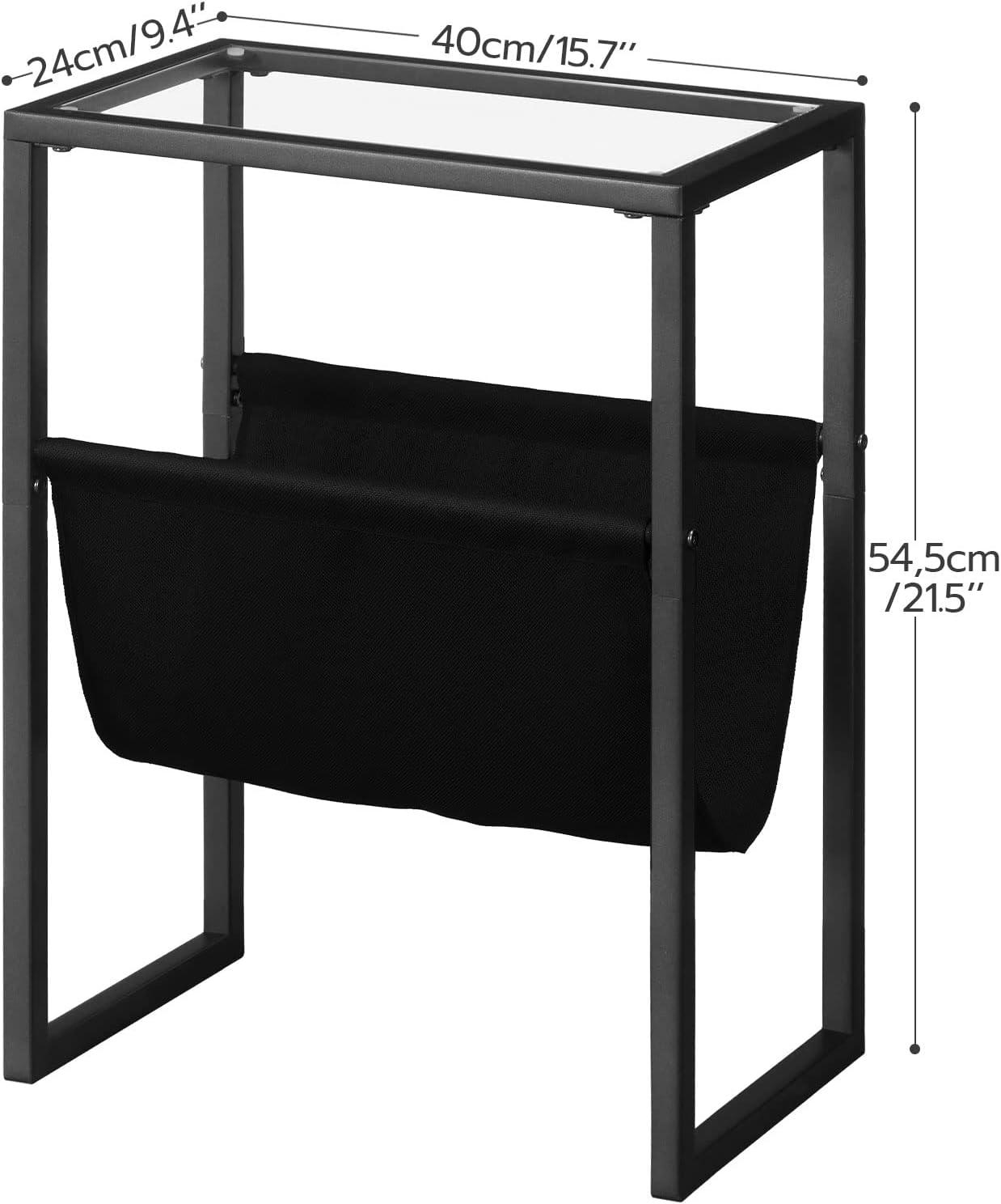 Black Metal and Glass Narrow Side Table with Magazine Holder