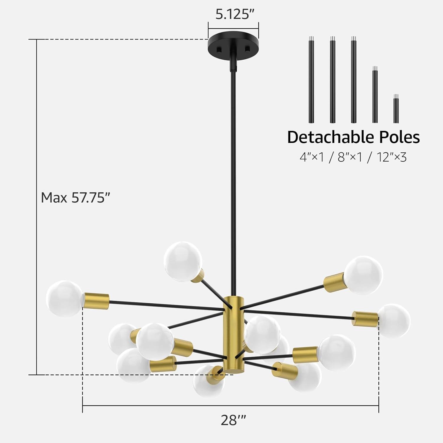 Kaisite  12-Light Modern Sputnik Chandeliers Black & Gold Ceiling Light Fixtures for Dining Room Living Room Bedroom