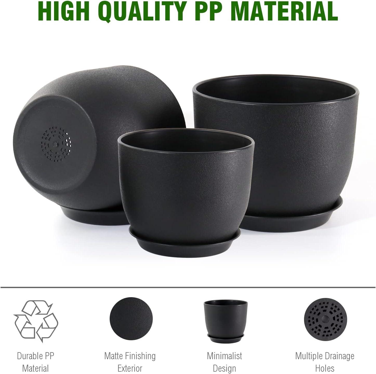 Gardrium Plant Flower Pots 10/9/8 inch Set of 3, Plastic Planters with Drainage Hole for Indoor Outdoor Garden, Black C9