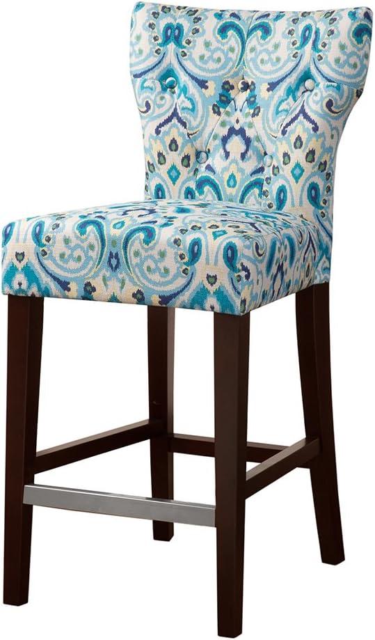 25" Saffron Tufted Back Counter Height Barstool Blue/Yellow: Espresso Wood Legs, Padded Seat