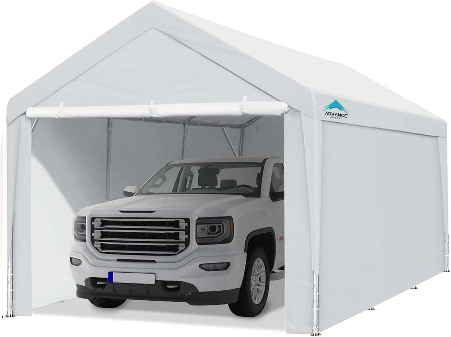 ADVANCE OUTDOOR 12x20 ft Extra Large Heavy Duty Carport with Sidewalls and Doors, Adjustable Height from 9.5 ft to 11 ft, Car Canopy with 8 Reinforced Poles and 4 Sandbags, White