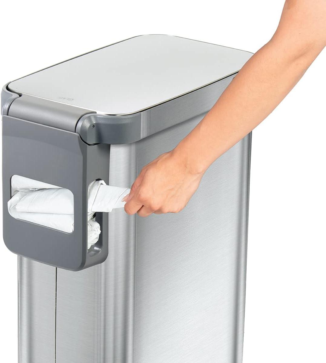 Glad Slim Trash Can with Clorox Odor Protection - Narrow Kitchen Garbage Bin with Soft Close Lid, Step On Foot Pedal and Waste Bag Roll Holder, All Stainless, 45 Liter