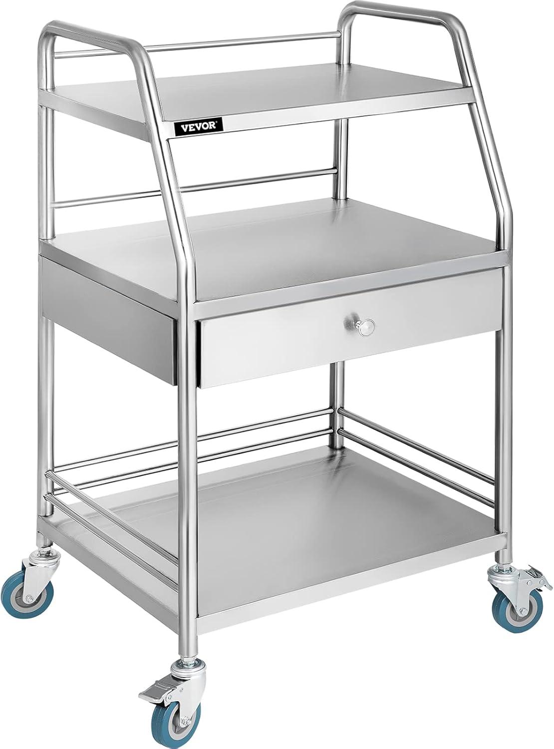 Stainless Steel 3-Shelf Rolling Lab Cart with Drawer