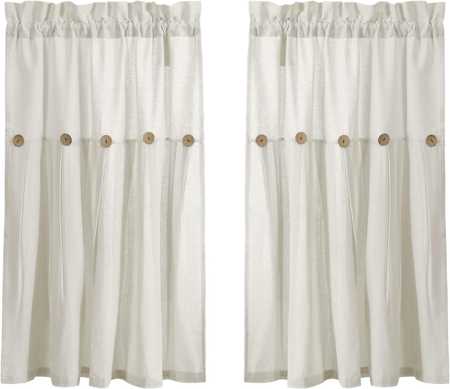 Set of 2 (36"x29") Farmhouse Linen Button Kitchen Curtain Tiers Off White - Lush Décor: Solid Cotton & Linen Rod Pocket