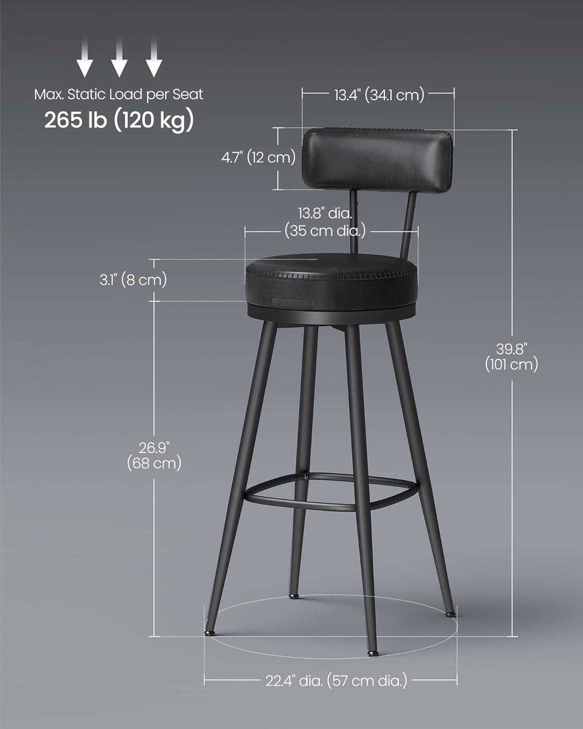 VASAGLE EKHO Collection - Bar Stools Set of 2, Swivel Bar Height Bar Stools with Back, Synthetic Leather with Stitching, Mid-Century Modern, 30-Inch Tall Barstools for Kitchen Home Bar, Ink Black