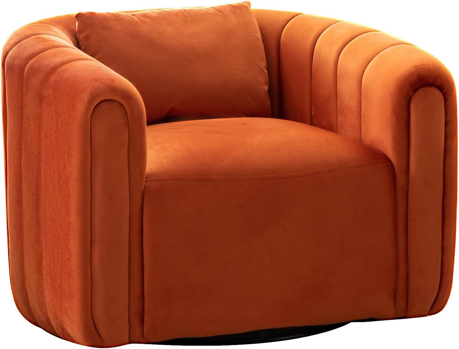 EBELLO  Oversize Velvet Swivel 360° Rotation Barrel Comfy Round Armchair With Plump Pillow Suitable For Living Room Bedroom Orange