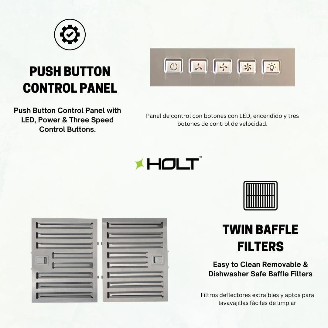 HOLT Stainless Steel 450 CFM Ducted (Vented) Under Cabinet Range Hood with Baffle Filter