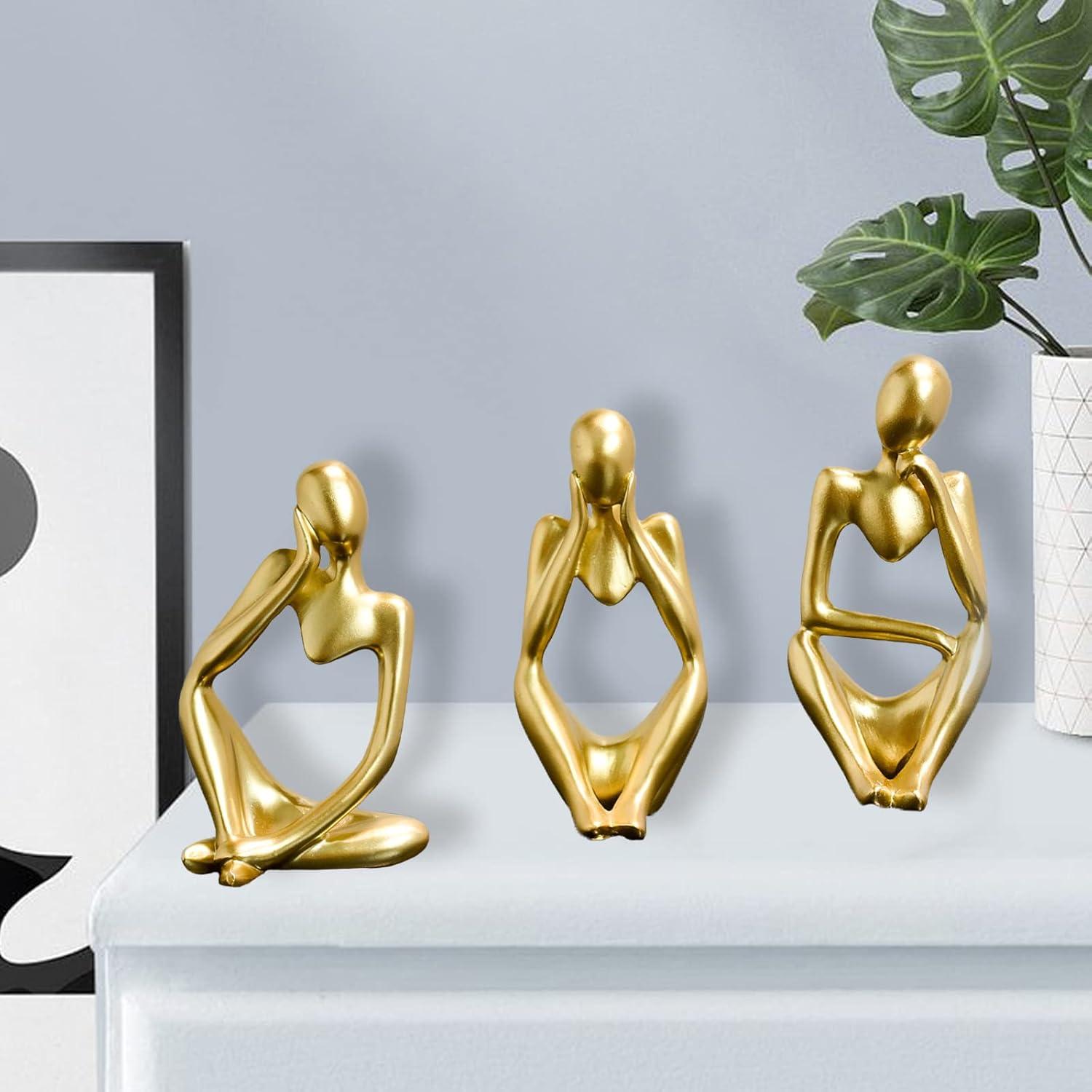 3pcs Modern Abstract Statues Sculpture,Resin Artistic Thinker Figure Thinking Man Figurines Desktop Decorations Artist Crafts for Home Office Shelf Bookshelf Decor,Gold