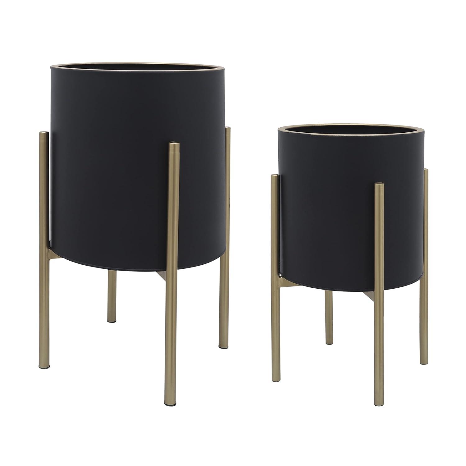 Sagebrook Home Set Of 2 Honeycomb Planter On Metal Stand, Black/Gold, Round, Iron, Contemporary, 23"H, Hexagon
