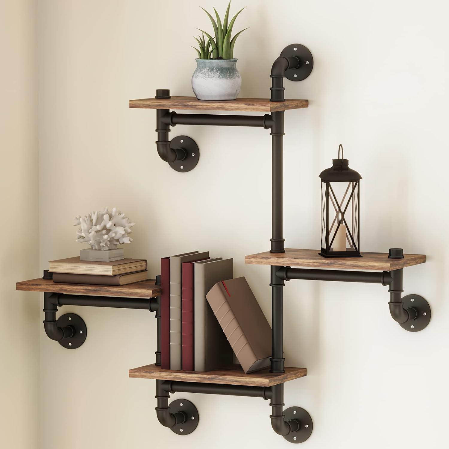 Industrial Floating Pipe Wall Mounted Shelves Rustic Modern Wood Shelving Bookcase 4 Layer Ladder Hanging Bookshelf for Home Bathroom Office Kitchen Decor(D)