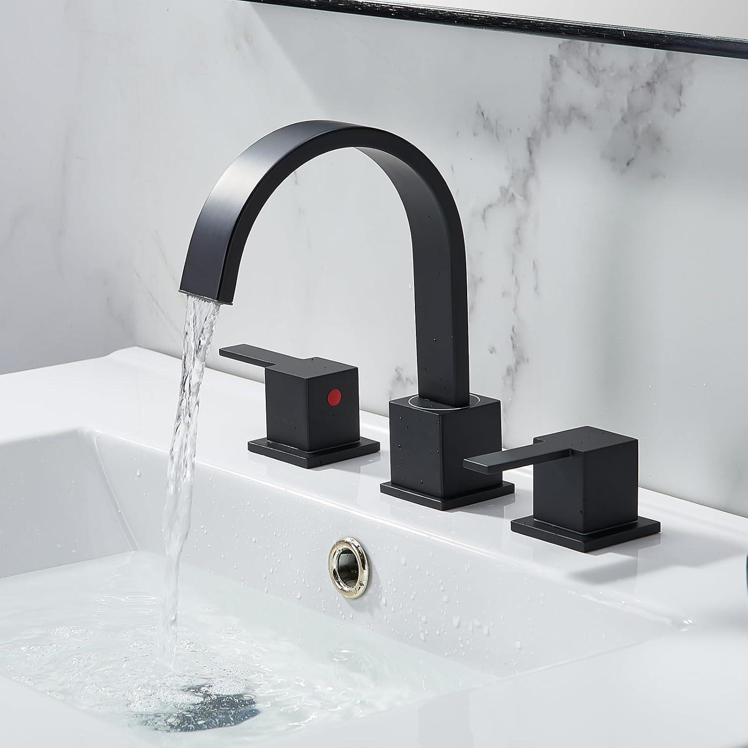 VAPSINT Black Bathroom Faucet 3 Hole, 8 Inch Widespread Matte Black Waterfall Bathroom Sink Faucet, 2 Handle Lavatory Vanity Faucet for Bathroom Sink with Pop Up Drain & Supply Hoses