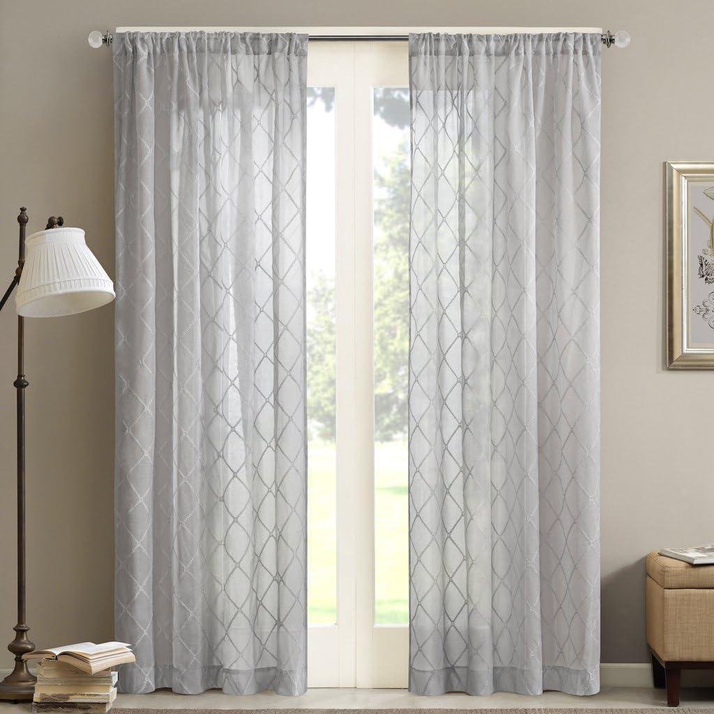 Gray Sheer Embroidered Rod Pocket Window Curtain Panel