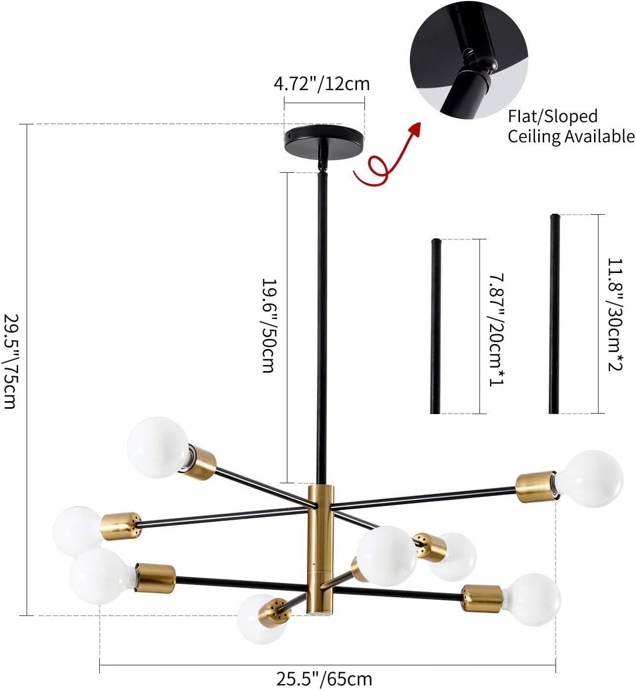 KAISITE Modern Sputnik Chandelier - 8-Light Ceiling Light Fixture Height Adjustable Mid Century Plating Finished Black and Gold Chandelier for Bedroom Living Room Dining Room Kitchen Foyer