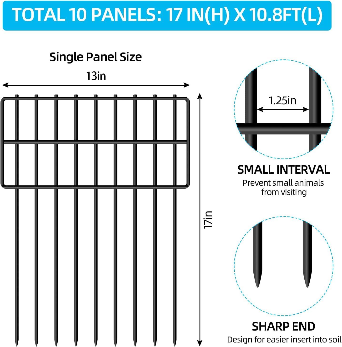 10 Panels Garden Fencing Animal Barrier, 17in (H) X 10.8ft (L) Dog Dig Fence Barrier, 1.25in Gap Rustproof Metal Stakes Decorative Garden Fence, Ground Defense Border Fence for Outdoor, Yard, Patio