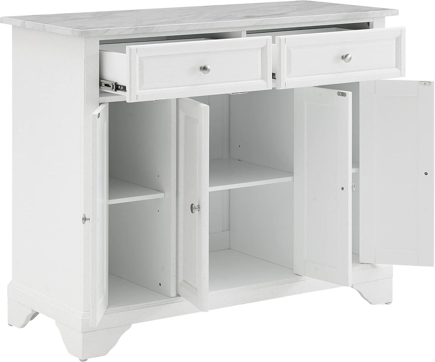 Avery Kitchen Island/Cart Distressed White/White Marble - Crosley: Adjustable Shelves, Particle Board Frame, 6 Shelves, 2 Drawers