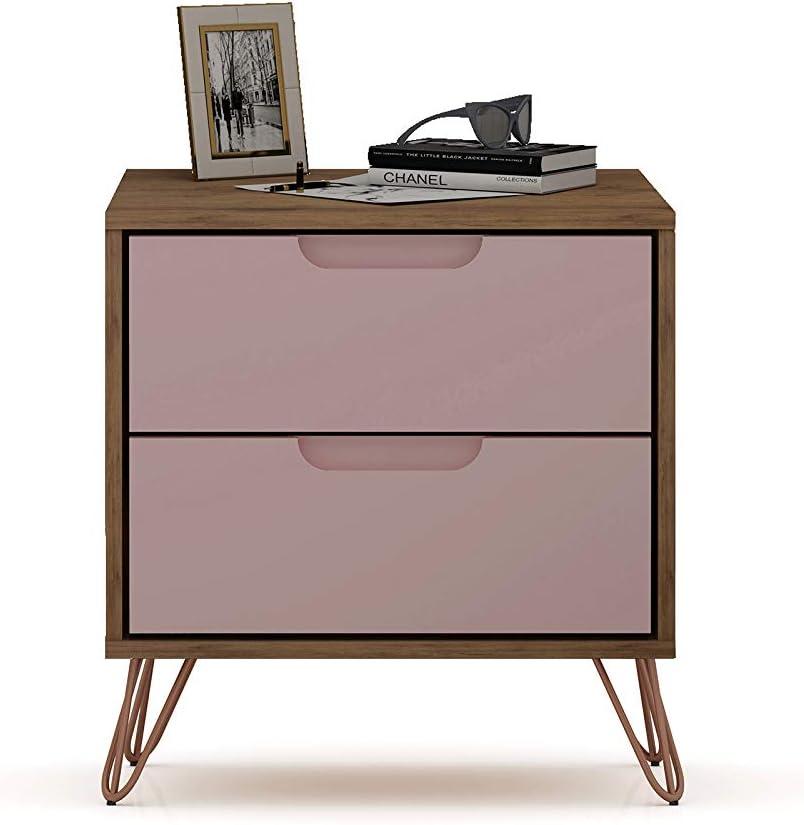 2.0 Rockefeller Nightstand Natural/Rose Pink - Manhattan Comfort: Modern MDF Bedside Storage with Metal Glides