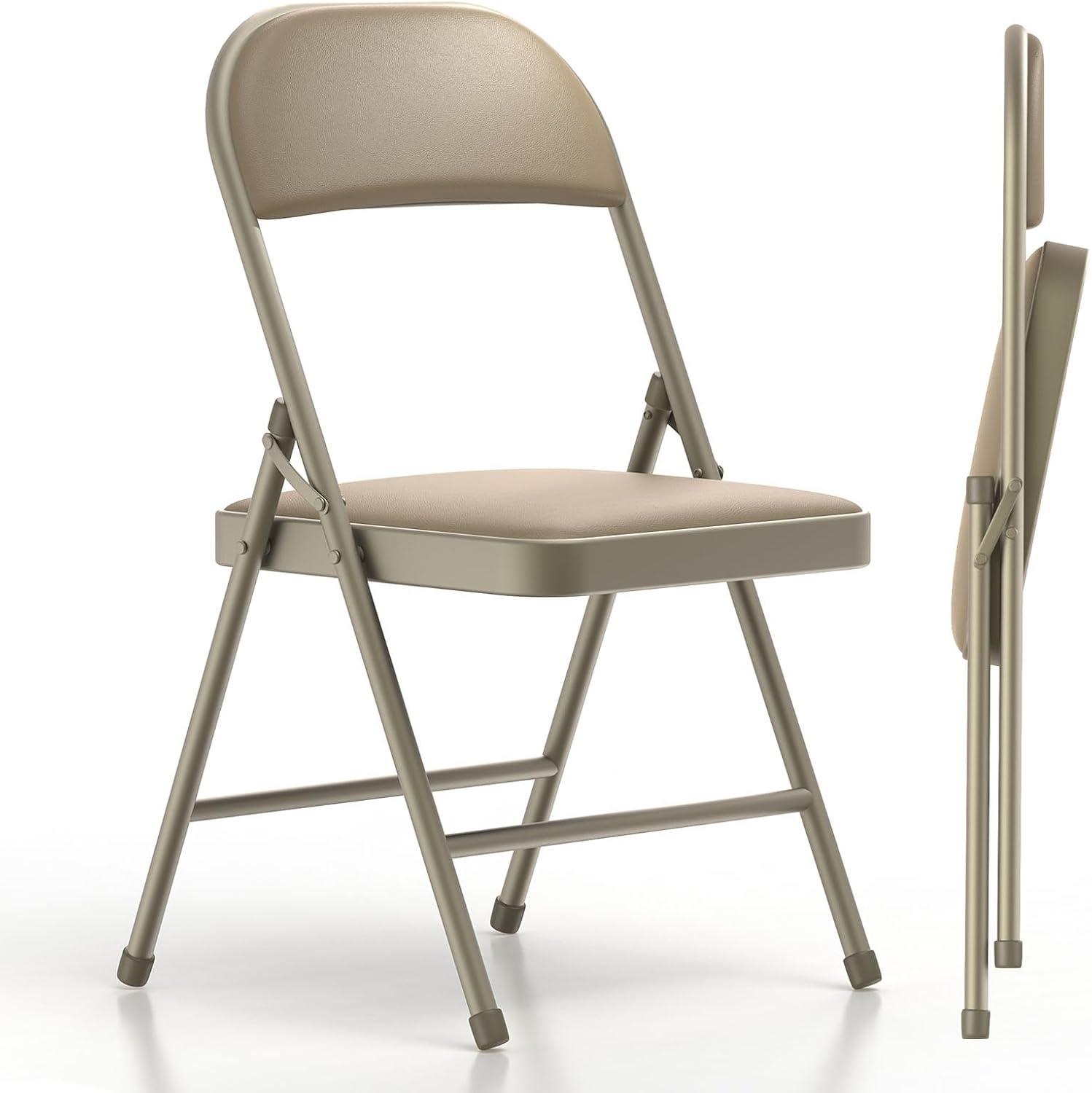 Khaki Metal Folding Chairs with Padded Cushion, 2 Pack