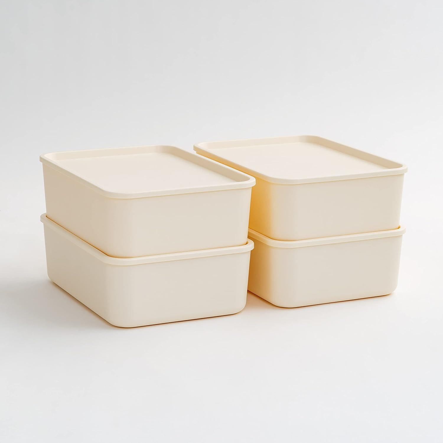 IRIS USA Plastic Modular Basket Bin & Lid, Medium, 4-Pack, Stackable Lidded Storage Organizer Bins for-Kitchen-Bathroom and Bedroom, OFF White