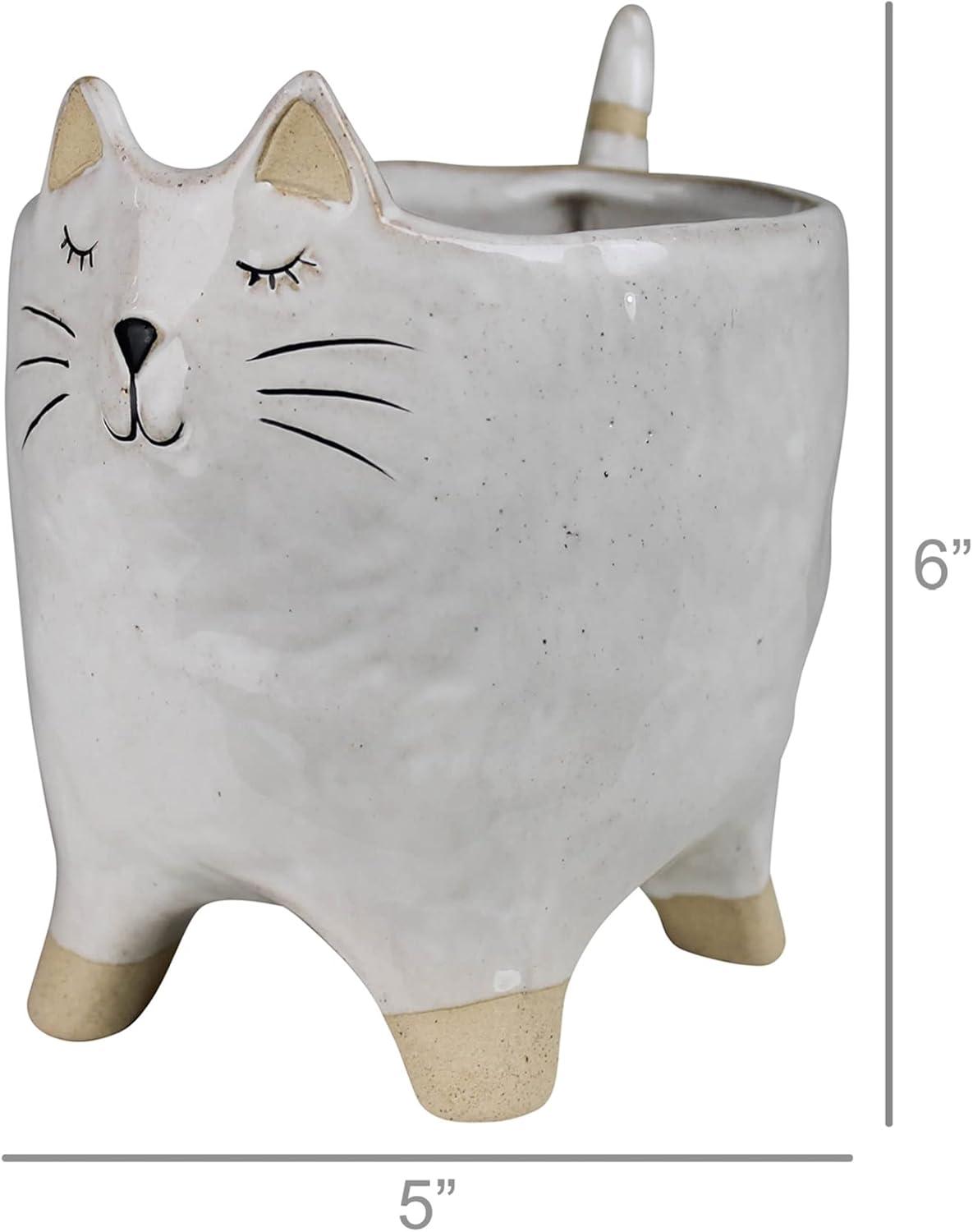 6-Inch White Ceramic Cat Novelty Cachepot