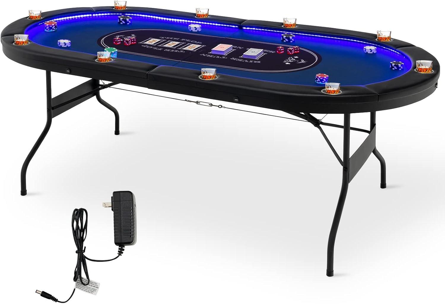 Foldable 10-Player Poker Table with LED Lights and USB Ports