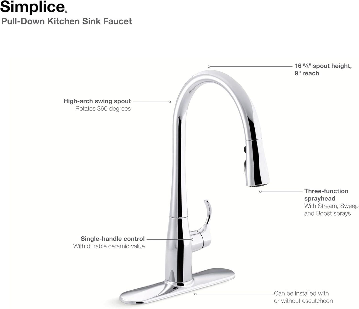 Kohler Simplice Single Handle Pull Down Kitchen Sink Faucet with Three-Function Pull Down Sprayer