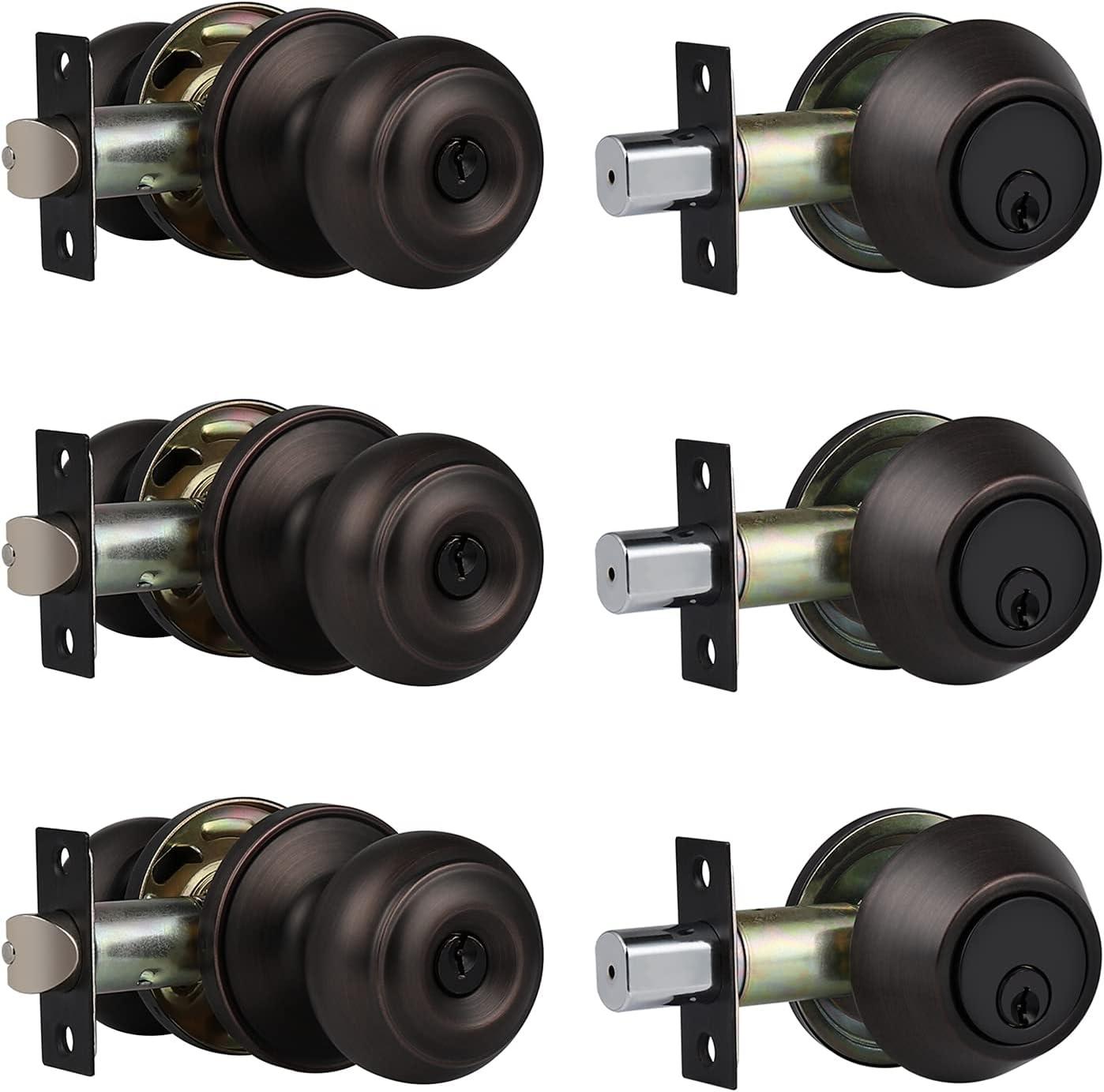 3 Pack Keyed Entry Door Knob Lockset and Single Cylinder Deadbolt Combination Set for Entrance and Front Door, Aged Oil Rubbed Bronze, Keyed Alike