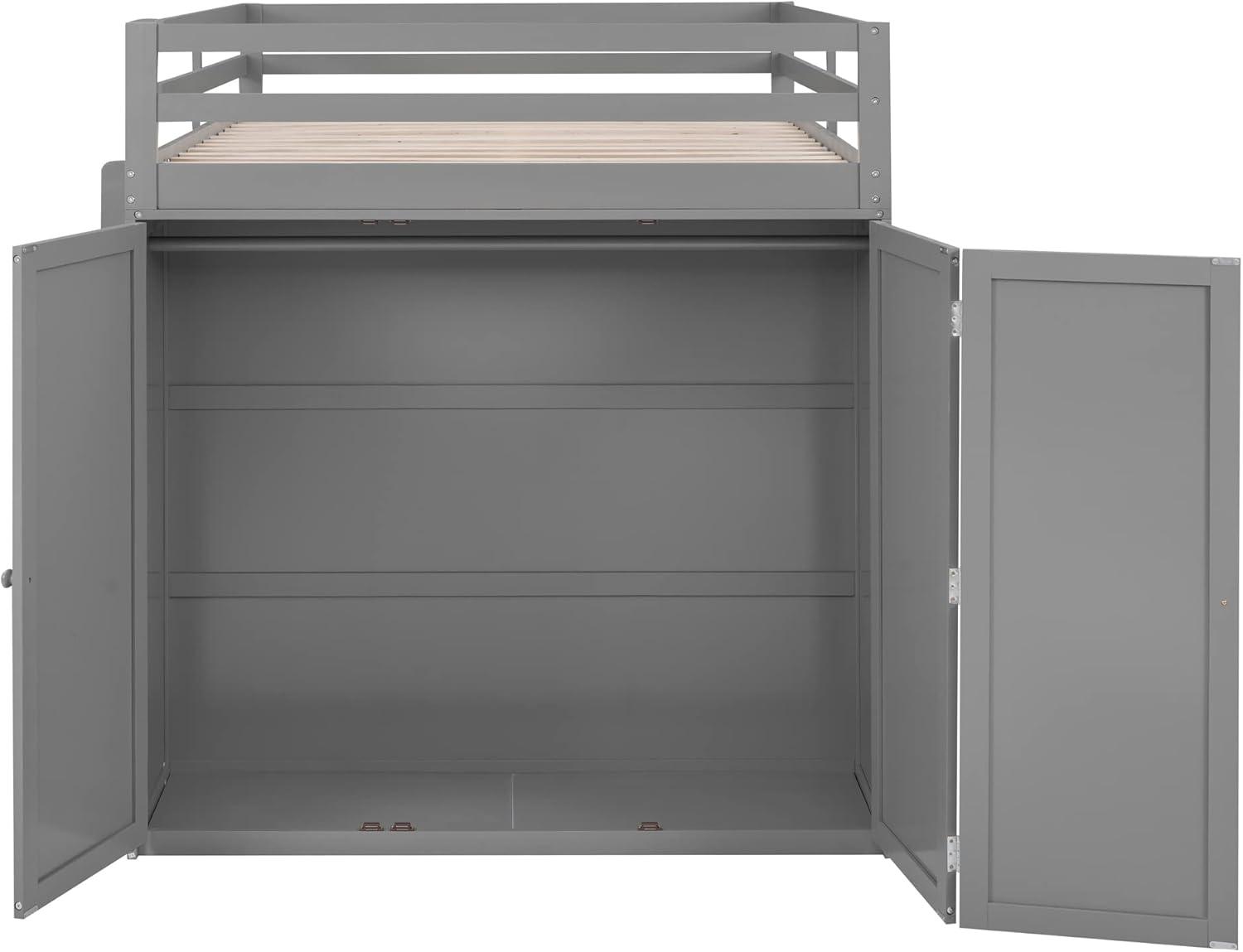 Loft Bed Full Size Adult, Wooden Frame with Desk and Wardrobe, Storage Design with Drawers & Shelf, for Teen Girls & Boys (Gray)